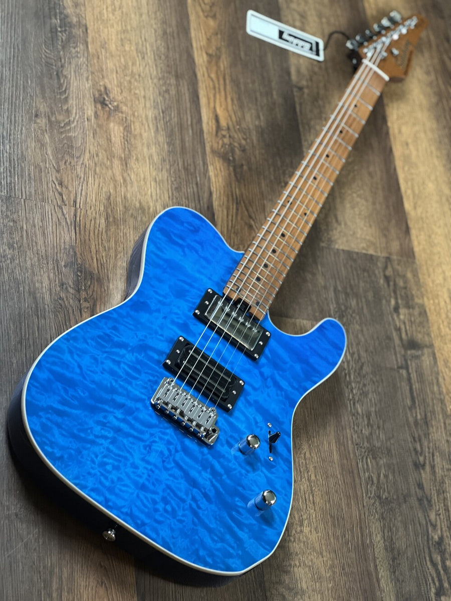 Soloking MT1 Custom 24 Quilt in Seethru Blue with Roasted Maple neck Jerber Guitar